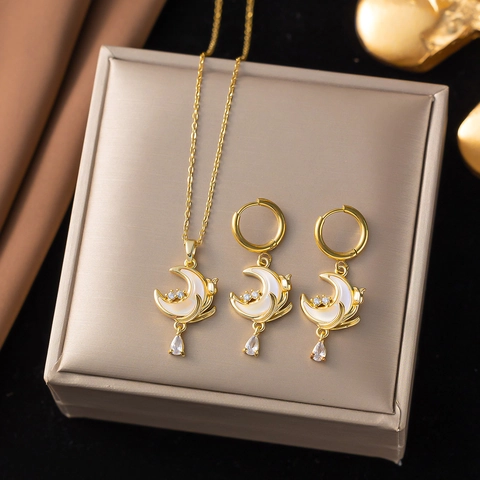 Stainless Steel Dreamy Moon Pendant Necklace Hook Earrings Jewelry Set For Women Gold Plated Enamel Rhinestone Accessory Gift