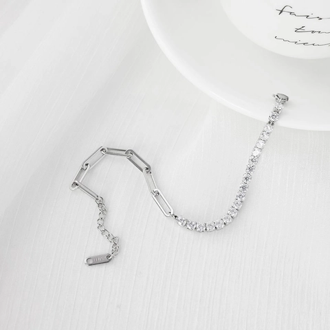 Pulsera De Acero Inoxidable Y Circonita Media Cadena De Clip Y Tennis Para Mujer Color Plata Ajustable Estilo Ins