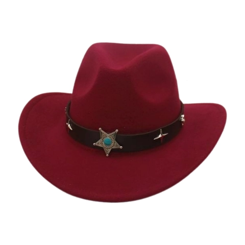 Chapeau De Cow-Boy Western Feutre Daim Large Bord Avec Badge Étoile Accessoire Turquoise Style Rétro Ethnique Fête