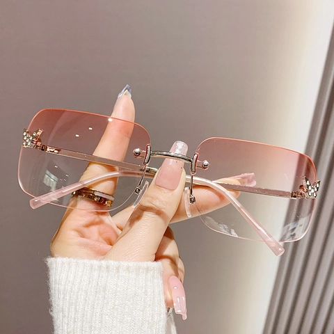 Gafas De Sol Sin Montura Marco De Metal Lentes Degradadas Diamantes De Imitación Mariposa Y2K Cuadradas Para Mujer