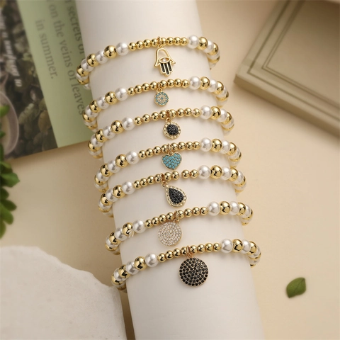 Women Beaded Bracelet Gold Color Copper Beads White Faux Artificial Pearl Hamsa Hand Evil Eye Heart Charms Elastic Bohemia Jewelry