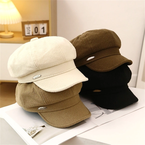 Damen Retro Schirmmütze Tweed Achteckige Mütze Warm Herbst Winter Malermütze Mit Metallanhänger Verstellbar Lässig Vintage