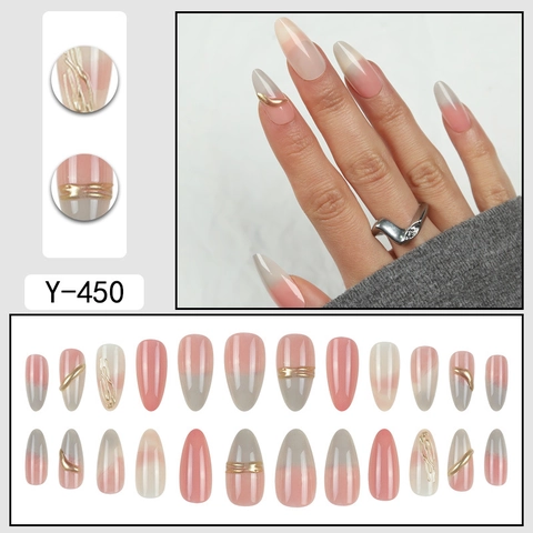 Ongles À Presser Dorés Forme Amande Ligne Métallique 3D Dégradé Rose Gris Style Fait Main Faux Ongles Pour Manucure DIY