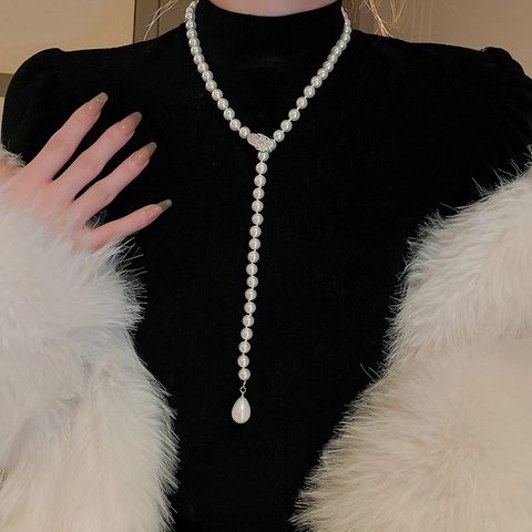 Collar Largo De Perlas Artificiales Vintage Y Lariat Cadena Para Suéter Mujer Elegante Hoja Circón Colgante Gota Estilo Francés