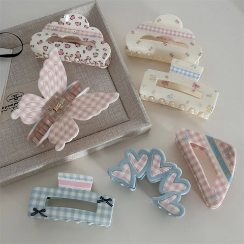 Korean Sweet Acrylic Hair Claw Clips Gingham Plaid Floral Leopard Print Bow Shark Clips Fashion Hair Accessories For Women