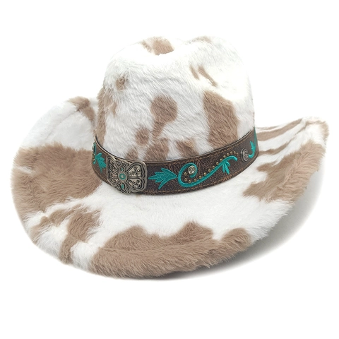 Cappello Da Cowboy Stampa Mucca Pelliccia Sintetica Ricamo Etnico Fibbia Farfalla Metallo Retro Inverno Caldo Moda Donna