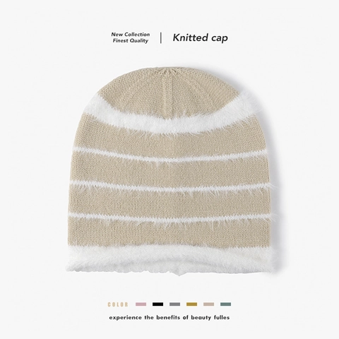 Gorro De Punto A Rayas Bloques De Color Felpa Cachemira De Oveja Slouchy Cálido Gorro De Invierno Para Mujer Exterior Moda