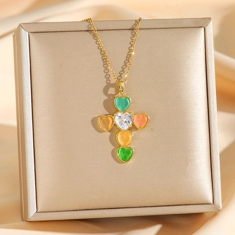 Collana Con Pendente A Croce Acciaio Al Titanio Zirconia Cubica Cuore Colorato Stile Di Lusso Per Donna