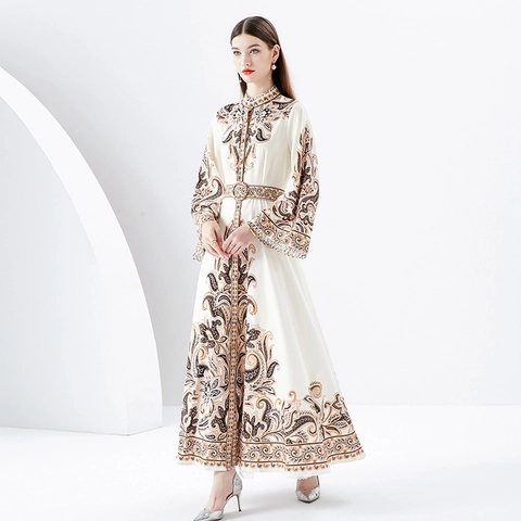 Vestito Maxi Stampa Paisley Vintage Collo Alto Maniche A Campana Lunghe Con Cintura Elegante Stile Corte Donna