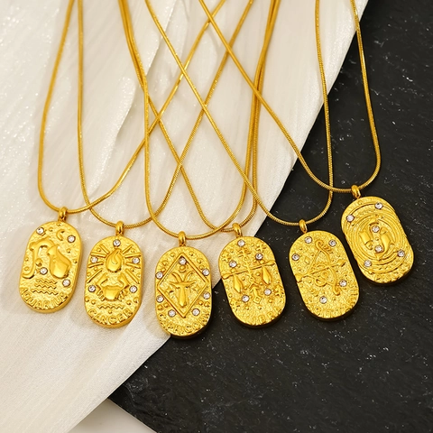 Collar Con Colgante De Signo Del Zodiaco Vintage Bañado En Oro De 18K Acero Inoxidable Moneda Ovalada Con Circón Mujer