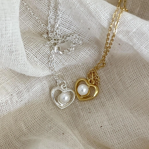 Collana Con Ciondolo A Cuore Cavo Argento Sterling 925 Perla D'acqua Dolce Gioielli Eleganti Minimalisti Donna