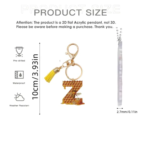Llavero Alfabeto A-Z Acrílico 2D Patrón Abeja Panal Con Borla Amarilla Cierre De Mosquetón Dorado Colgante Para Bolso