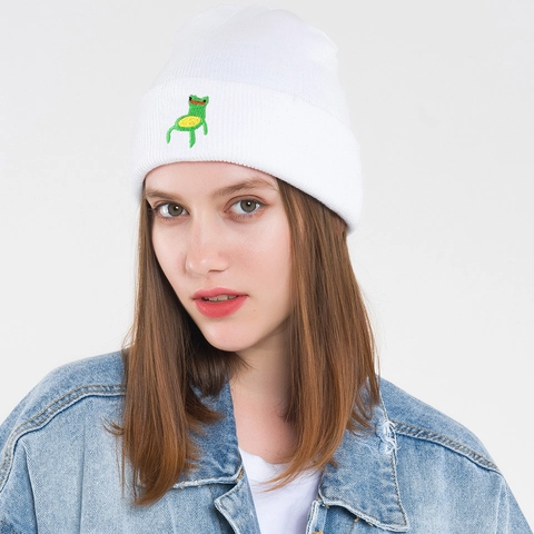 Frog Embroidery Knit Beanie Hat Acrylic Warm Winter Autumn Casual Cute Headwear For Women