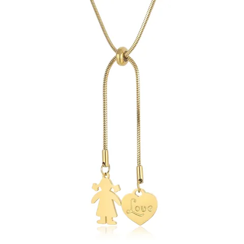 Stainless Steel Heart Pendant Necklace For Women Girl Silhouette Love Engraved Adjustable Snake Chain Y-Shaped Lariat