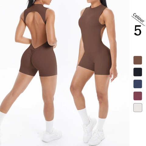 Women Backless Sleeveless Athletic Romper Nylon Spandex Ruched Butt Bodysuit Yoga Fitness Workout Slim Fit