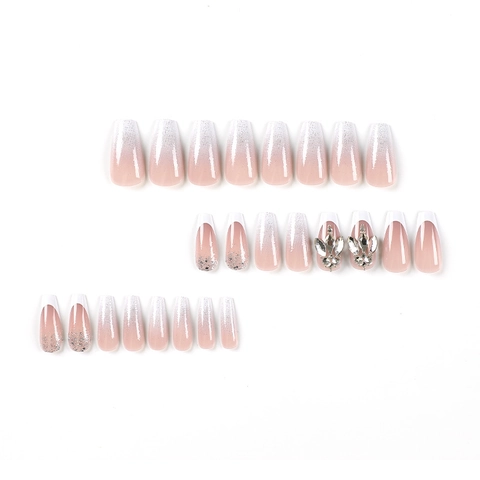 French Tip Press On Nägel Ombre Pink Weiß Mit Strasssteinen Silber Glitzer Sarg Lang Künstliche Falsche Nägel Für Damen