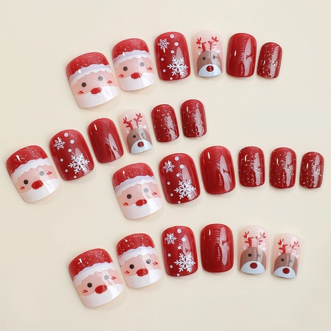 Christmas Press On Nails Reusable Full Cover Glossy Artificial False Nail Tips With Santa Reindeer Snowflake For Women