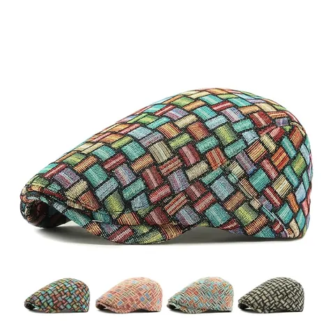 Vintage Plaid Woven Flat Cap Jacquard Pattern Ivy Newsboy Hat Polyester Adjustable Breathable Retro Accessory