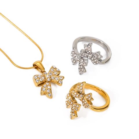Französische Vintage Schleife Anhänger Halskette 18K Vergoldet Edelstahl Mit Strass Schmetterling Schmuck Für Damen