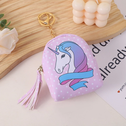 Unicorn Mini Backpack Coin Purse Keychain PU Leather Zippered Cartoon Print Tassel Earphone Cable Organizer