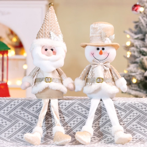 Christmas Long Legged Plush Doll Santa Claus Snowman Ornament Champagne Gold Sequin Fabric Desktop Decoration