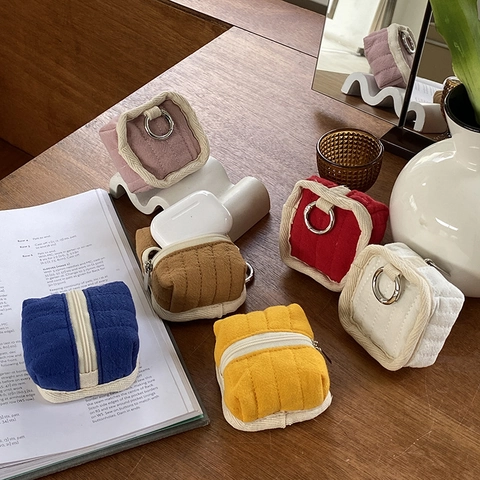 Quilted Cotton Earphone Case Mini Coin Purse Portable Data Cable Storage Bag With Metal Ring Zipper Closure Small Square Bag For Travel Home