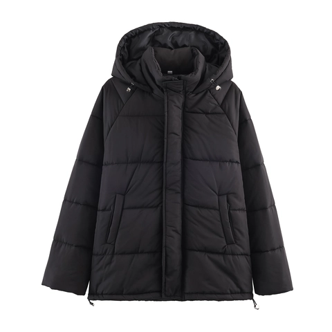 Women Puffer Jacket Hooded Mid-Length Loose Fit Quilted Winter Coat Polyester Solid Color Drawstring Hem Warm Outerwear