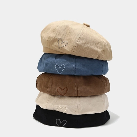 Boina Bordada Corazón Para Mujer Estilo Pintor Francés Vintage Algodón Lino Gorra De Vendedor De Periódicos Color Sólido Transpirable