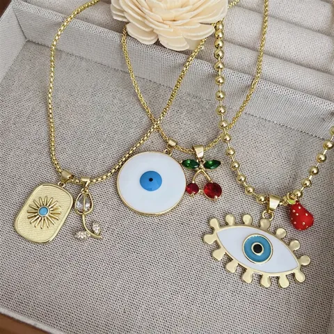 Bohemian 18K Vergoldete Kupfer Halskette Mit Böser Blick Anhänger Zirkonia Kirsche Erdbeere Anhänger Schmuck Geschenk Für Damen
