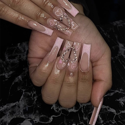 Faux Ongles À Presser Long Cercueil Rose Pailleté French Cœur Strass Ongles Artificiels Pour Femmes