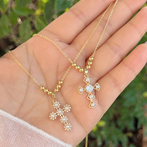 Collana Con Ciondolo A Croce Rame Placcato Oro 18K Perla Artificial Imitazione Zircone Gioielli Religiosi Eleganti Per Donne Ragazze
