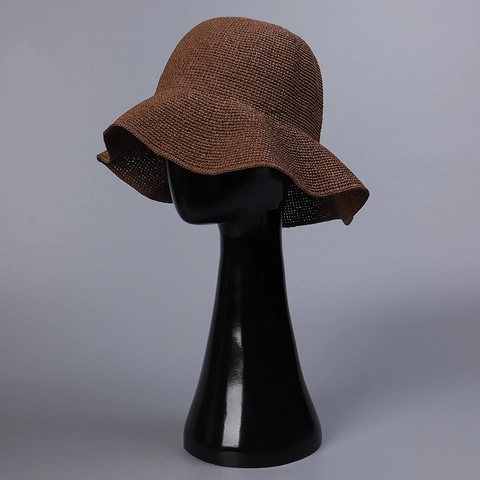 Chapeau Bob en Paille de Papier Crocheté à la Main Protection Solaire Pliable Chapeau de Plage Été à Bord Large Ondulé pour Femmes