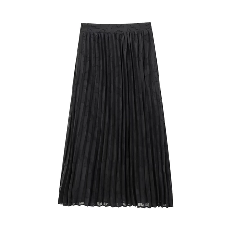 Camicia a Maniche Lunghe in Chiffon Devoré Nero da Donna E Set Gonna Midi a Pieghe Completo Due Pezzi Elegante Pendolare