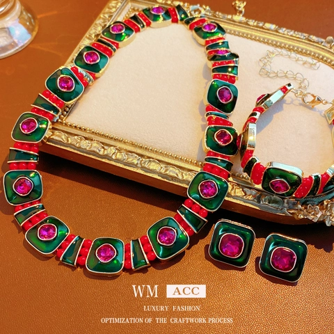 Gioielli Vintage Palazzo Quadrati Smalto Con Collana Bracciale Strass Lega E Perno Orecchino In Argento