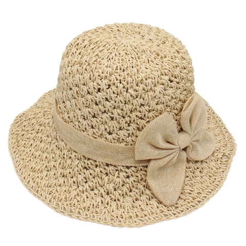 Women Sun Hat Straw Woven Bow Decoration Summer Beach Wide Brim Foldable Breathable Elegant