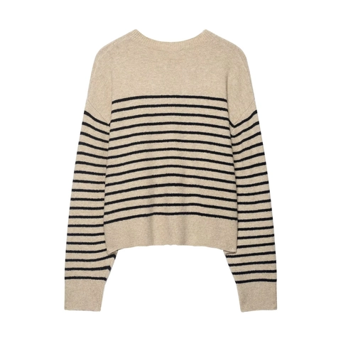 Suéter De Punto A Rayas Mujer Manga Larga Cuello Henley Corto Jersey Beige Avena Casual Elegante