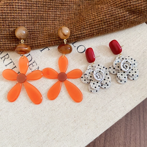 Vintage French Retro Polka Dot Flower Drop Earrings With 925 Sterling Silver Earring Post Acrylic Resin Jewelry Women