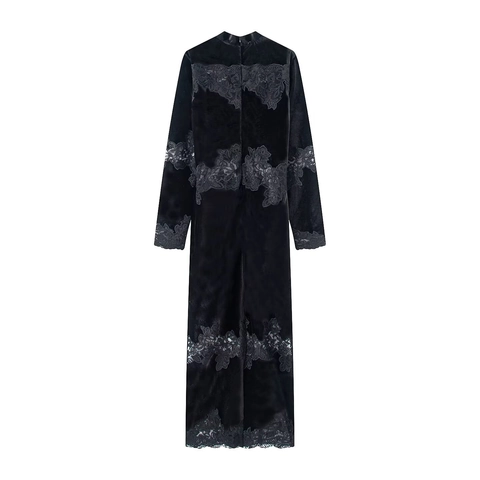 Dames Fluwelen Maxi Jurk Met Kant Lange Mouwen Opstaande Kraag Elegante Slanke Pasvorm Avondjurk Zwart