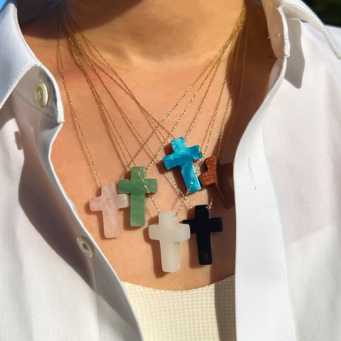 Collana con Pendente a Croce in Pietra Naturale di Lusso Stile Ins Catena in Acciaio Inossidabile per Donna Gioielli Minimalisti
