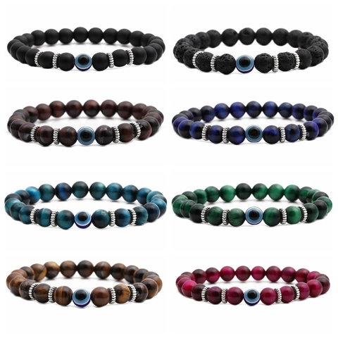 Natural Tiger Eye Stone Evil Eye Beaded Bracelet For Men Women Handmade Elastic Volcanic Rock Agate Fashion Jewelry Gift