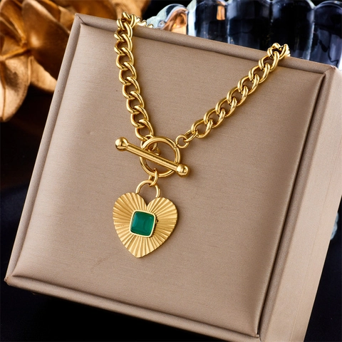 Collana Con Pendente A Cuore Vintage Acciaio Inossidabile Con Pietra Quadrata Verde Chiusura A Toga Gioielli Da Donna