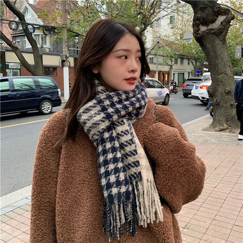 Dames Hahnentritt Sjaal Polyester Warm Winter Lange Kwastjes Omslagdoek Mode Koreaanse Stijl Zacht Halssjaal Dagelijks