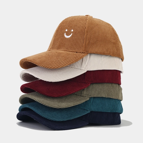 Bestickte Smiley Gesicht Cord Baumwolle Baseballkappe Verstellbare Retro Lässige Sonnenmütze