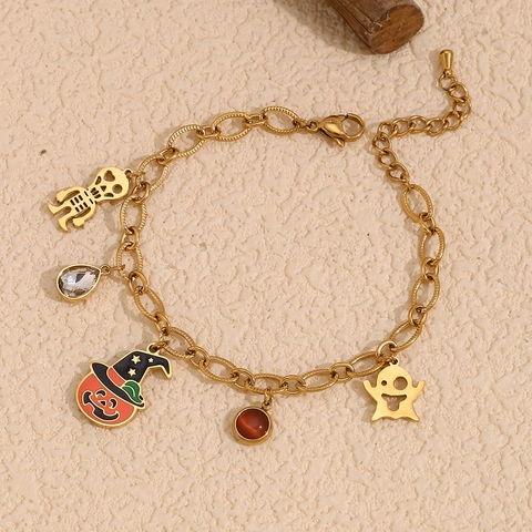 Halloween Charm Armband Edelstahl 18K Vergoldet Kürbis Geist Totenkopf Anhänger Festlicher Schmuck Für Damen