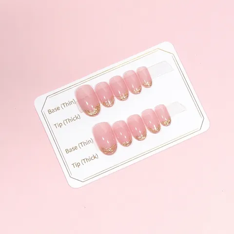 Uñas Postizas Francesas Pan De Oro Puntas De Brillo Rosa Empolvado Nude Brillante Cortas Redondas Uñas Artificiales Mujer