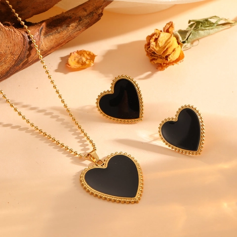 Parure De Bijoux Collier Boucles D'oreilles Cœur En Acier Inoxidable Avec Bordure Perlée Émail Plaqué Or Mode