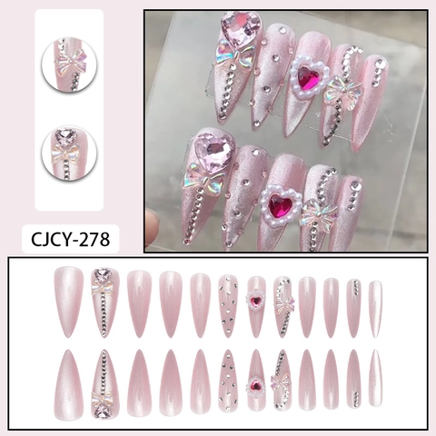 Rosa Katzenauge Aufpressnägel Mit 3D Herz Schleife Künstliche Perle Strass Lange Stiletto Mandelform Künstliche Nägel
