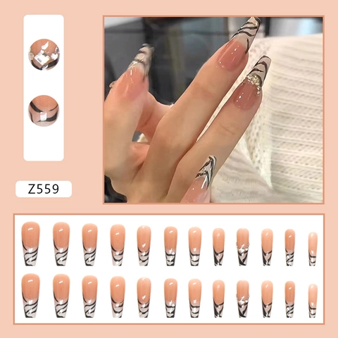 Unghie Finte Lunghe A Bara Motivo Zebra Rosa Nude Strass Decorativi Punte Per Unghie Manicure Artificiale Donna