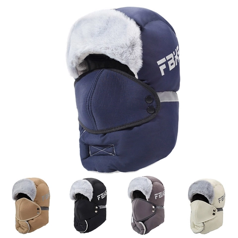 Winter Trapper Hat Windproof Waterproof Polyester Faux Fur Lining Thermal Bomber Cap With Detachable Mask For Men Women