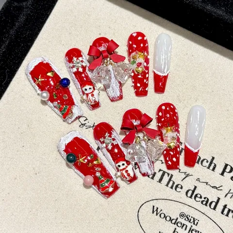 Uñas Postizas Navideñas Hechas A Mano Con Lazo Texturizado Muñeco De Nieve Diamantes De Imitación Y Perlas Artificiales